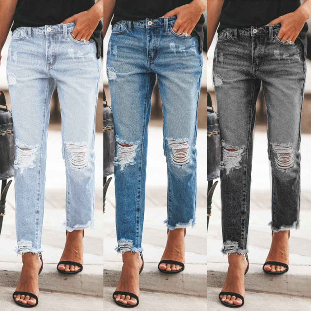 Women Ripped non-elastic Denim Pants 5