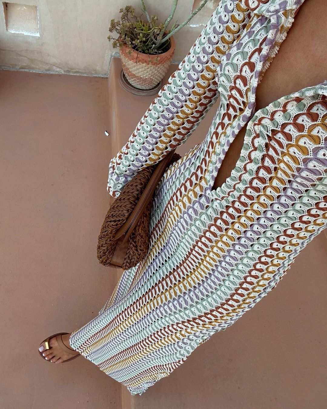 Women crocheted hollow low-cut V-neck slit long dress 4