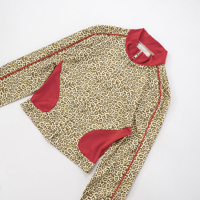 Women's Leopard Print Color Block Long Sleeve Zipper Coat Drawstring Shorts Two-Piece Set 13