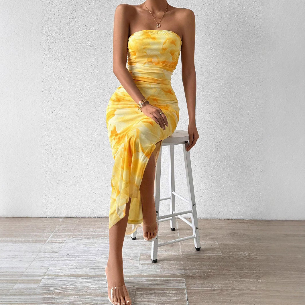 Elegant Strapless Yellow Tie-Dye Printed Side Slit Slim Summer Holidays Dress 4