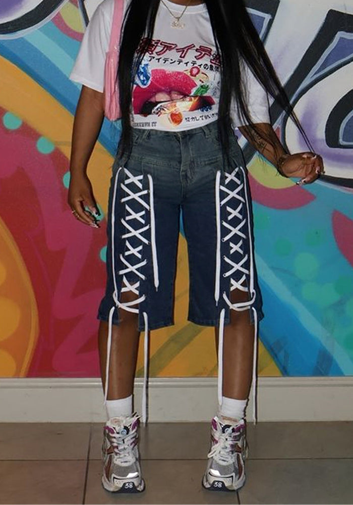 Women Retro Lace-Up Street Stretchy Washed Denim Shorts