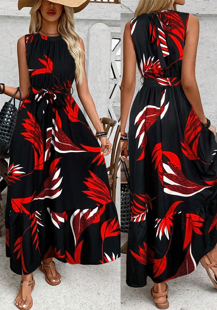 Plus Size Women Elegant Round Neck Sleeveless Belt Maxi Dress