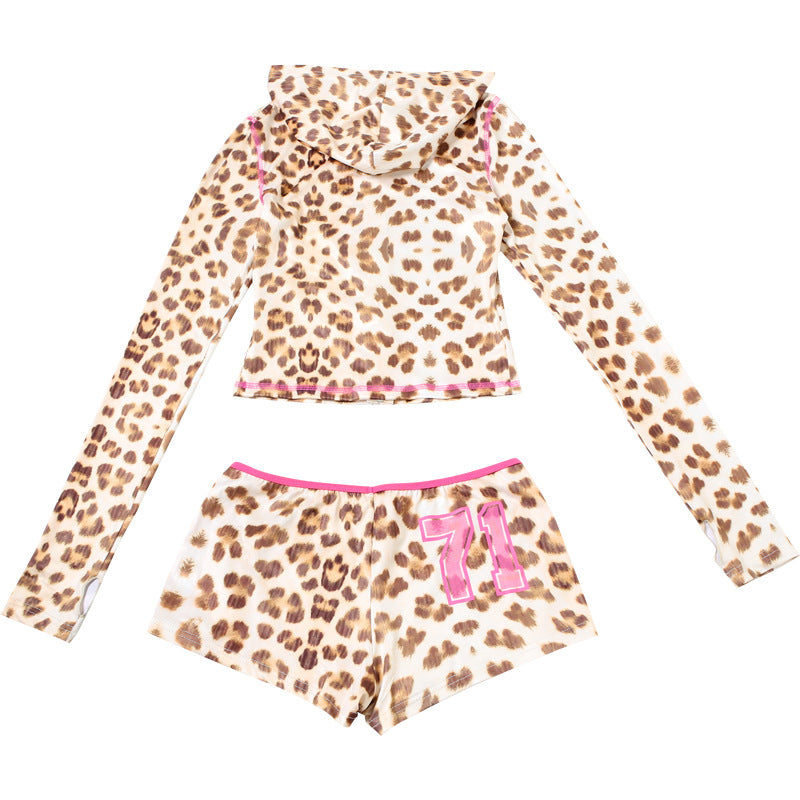 Spring and Summer Sexy Crop Slim Hooded Leopard Print Top and High Waist Shorts Two Piece Set 17