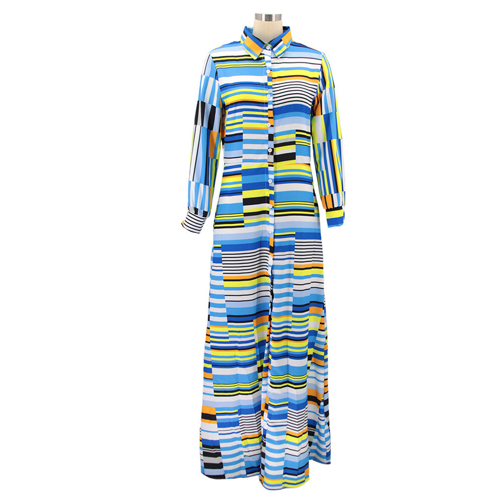 Women Irregular Print Turndown Collar Long Sleeve Maxi Dress 12