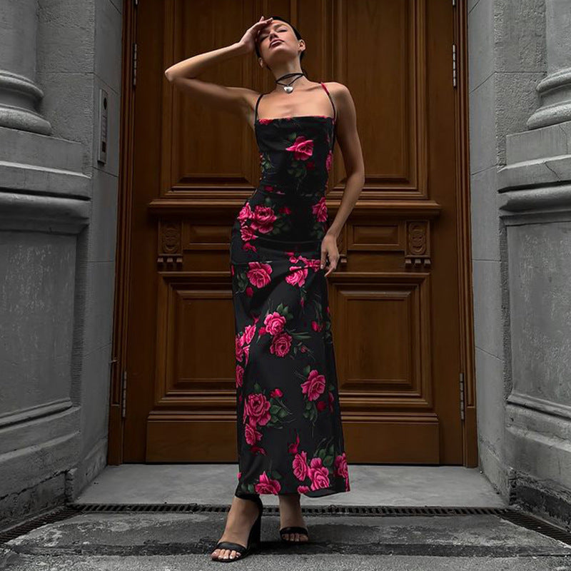 Women Spring Flower Print Sexy Backless Lace-Up Dress