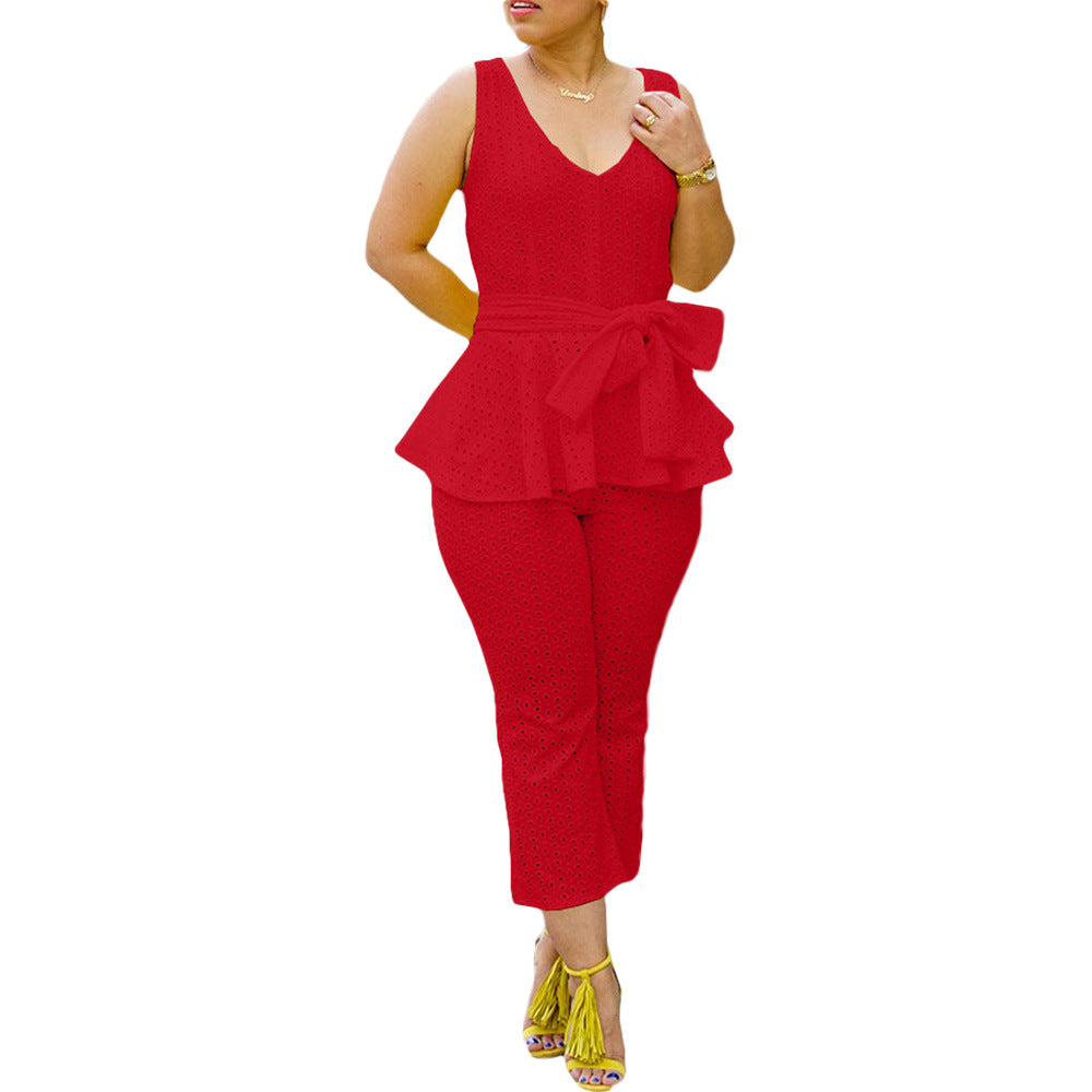 Women's Spring And Summer Solid Color Embroidered Cotton Belt Two-Piece Pants Set 11