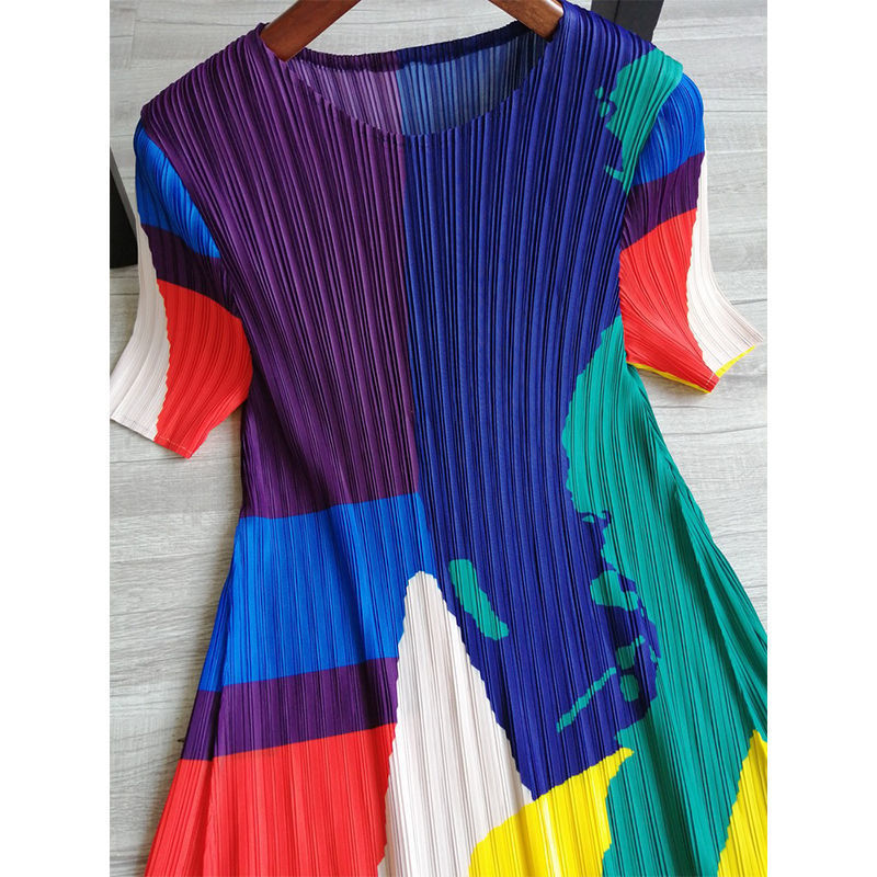 Women Summer Contrast Color Pleated Short Sleeve Dress 5