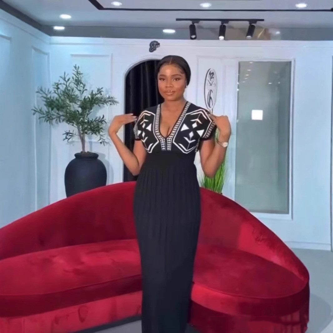 Women's Spring Elegant V-Neck High Waist Knit Jacquard Long Dress 6