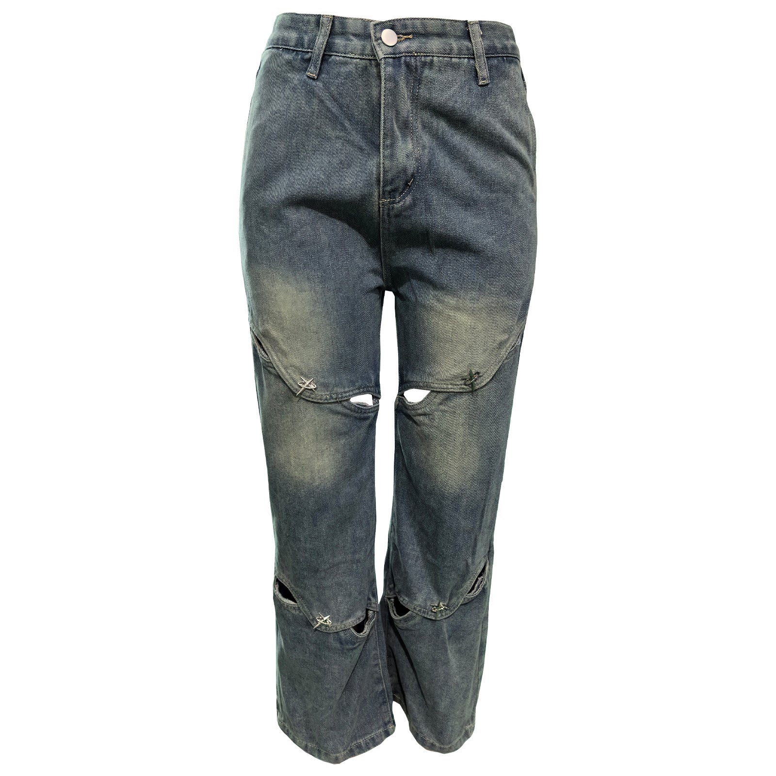 Ripped Two-Button Wide-Leg Straight Denim Pants 5