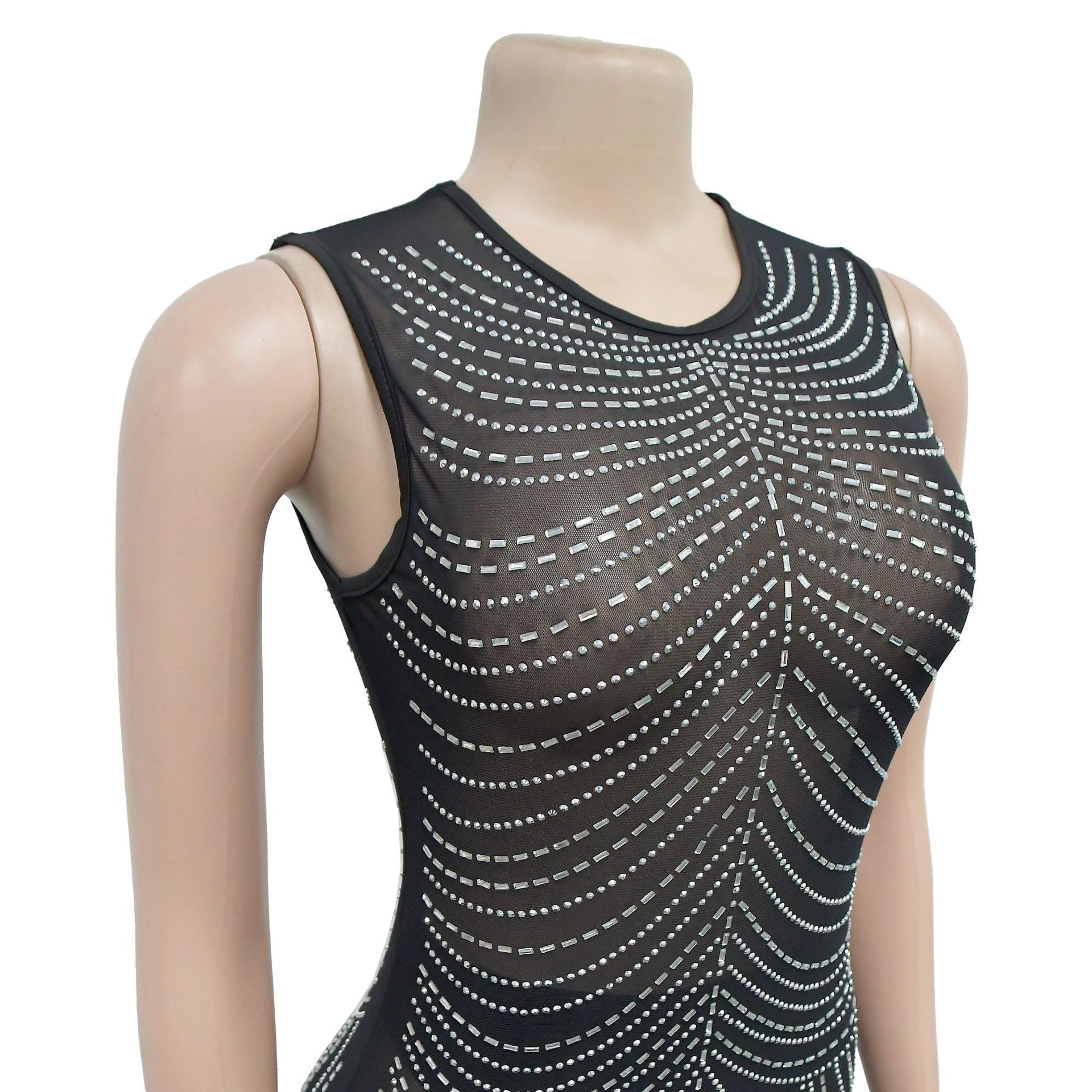 Fashion Women's Solid Color Mesh Beaded Sleeveless Long Dress 15