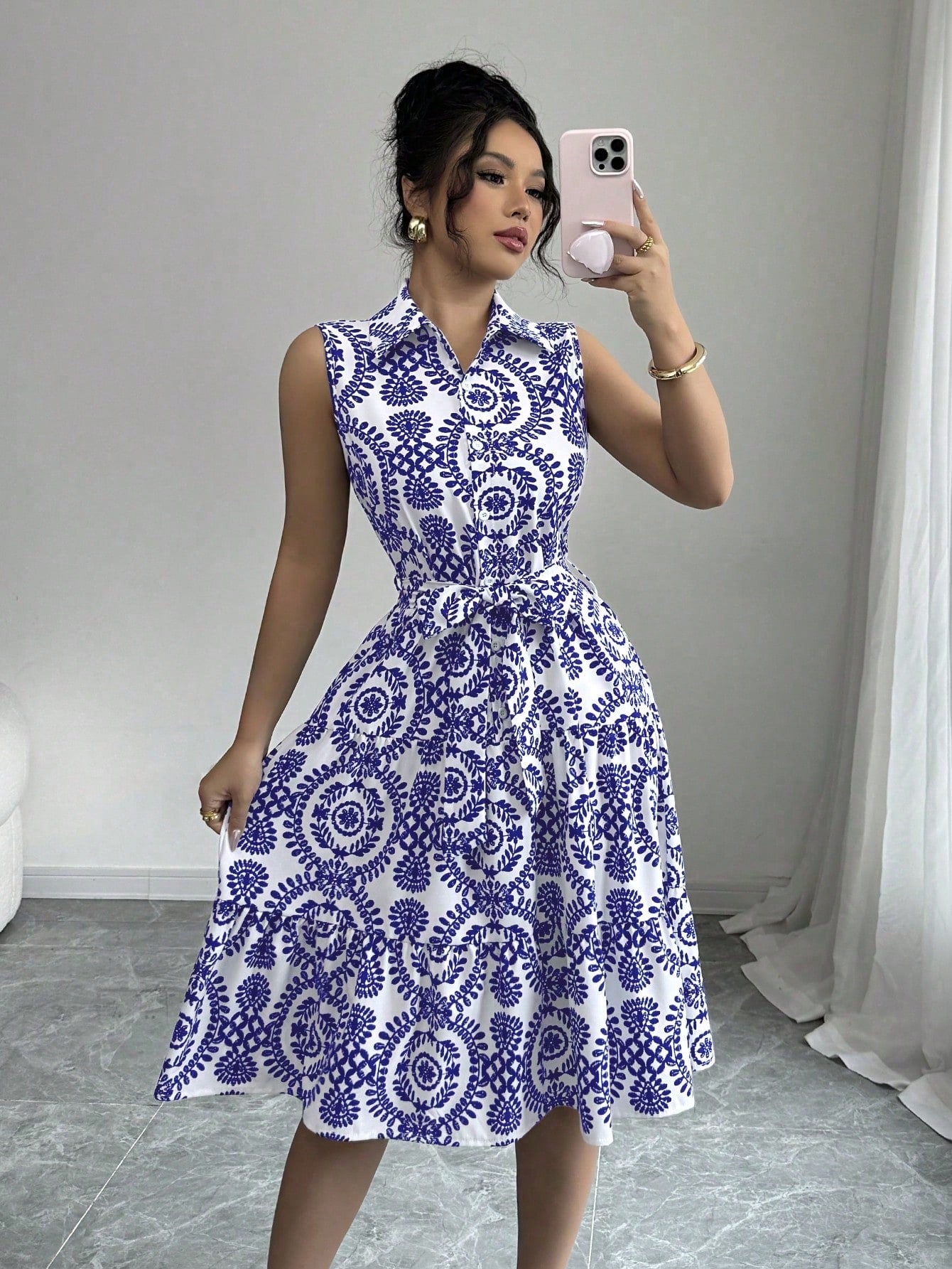Women Lace-Up Print Sleeveless Dress 3