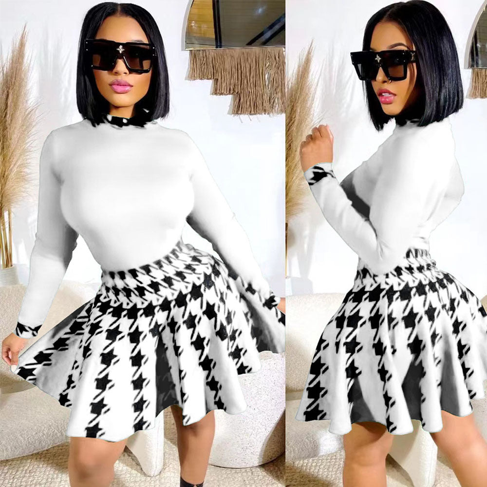 Women Casual Houndstooth Print Long Sleeve Top and Mini Skirt Two-piece Set 3