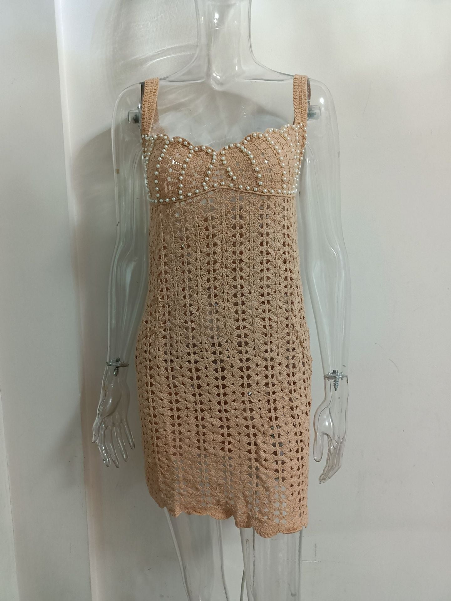 Women knitting v-neck pearl hollow Strap Dress 15