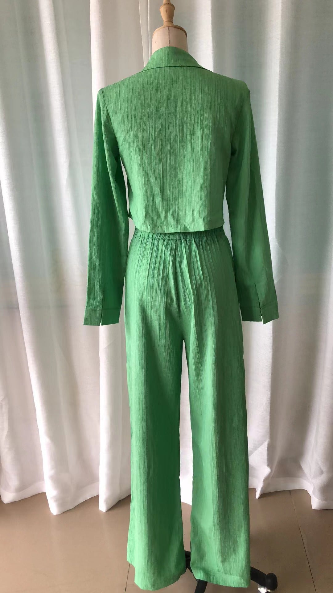 Women's  Autumn And Winter Embossed Style Short Shirt High Waisted Wide Leg Elastic Pants Two-Piece Set 18