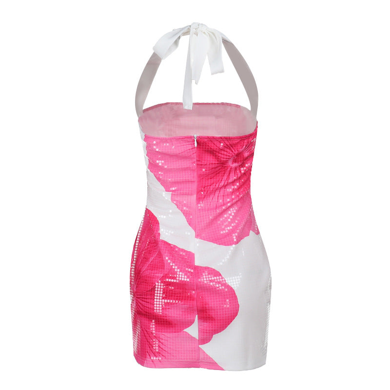 Autumn Floral Sequin Halter Neck Women's Chic Bodycon Dress 12