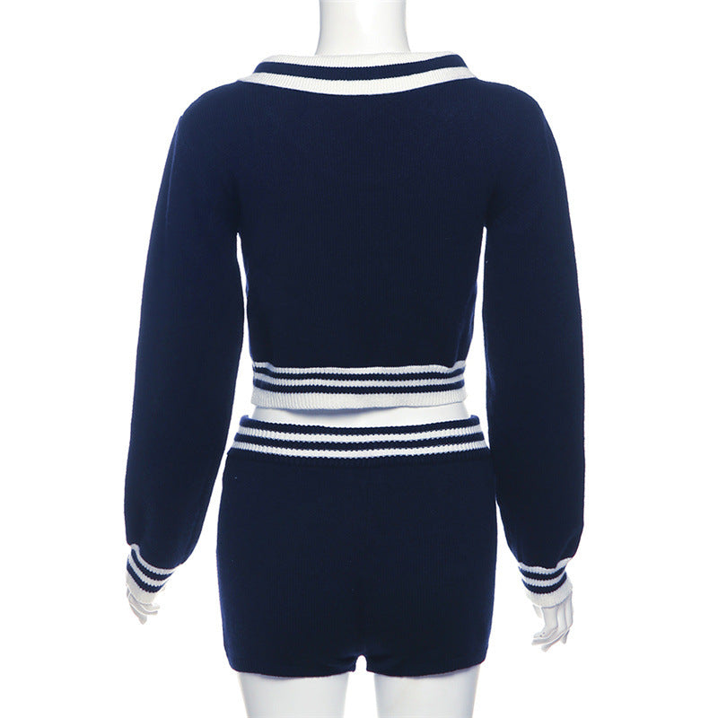 Women Sexy Long Sleeve Crop Top and shorts knitting Two Piece Set 8