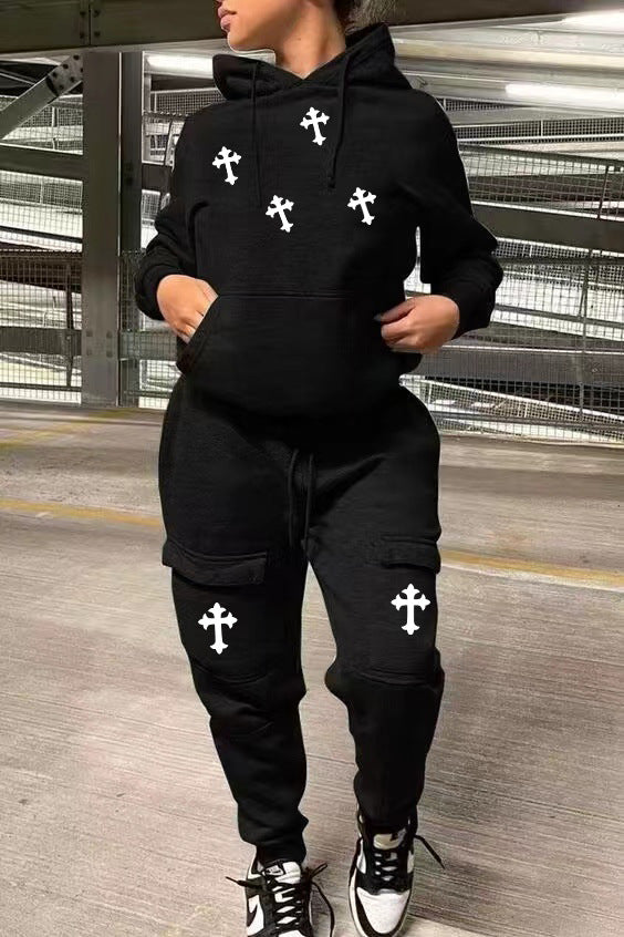 Women Casual Sports Print Hoodies and Pant Two-Piece Set