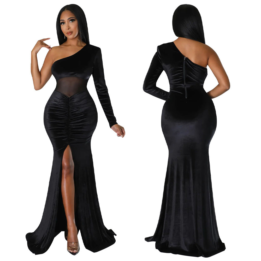 Women'S Fall/Winter Slash Shoulder Ruched Slit Solid Color Mermaid Dress 8