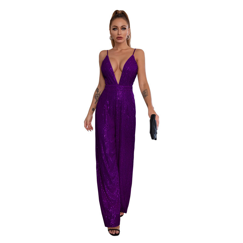 Deep V Neck Low Back Sleeveless Chic Sequined Straps Elegant Women's Party Jumpsuit 33