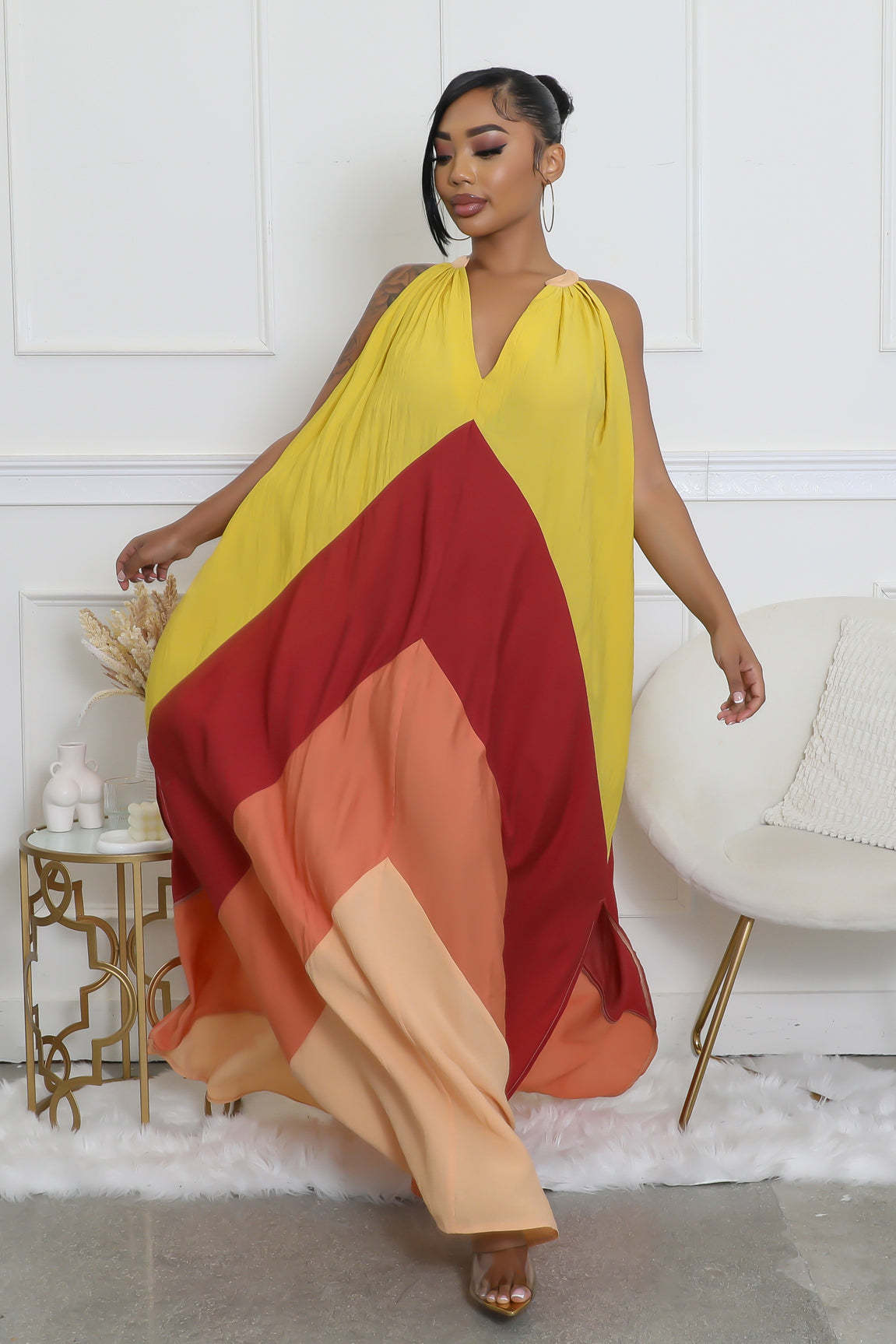 Women Summer V-Neck Long Contrast Sleeveless Holidays Dress 3