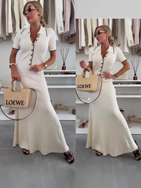 Women Turndown Collar Patchwork Contrast Bodycon Short Sleeve Knitting Dress 5