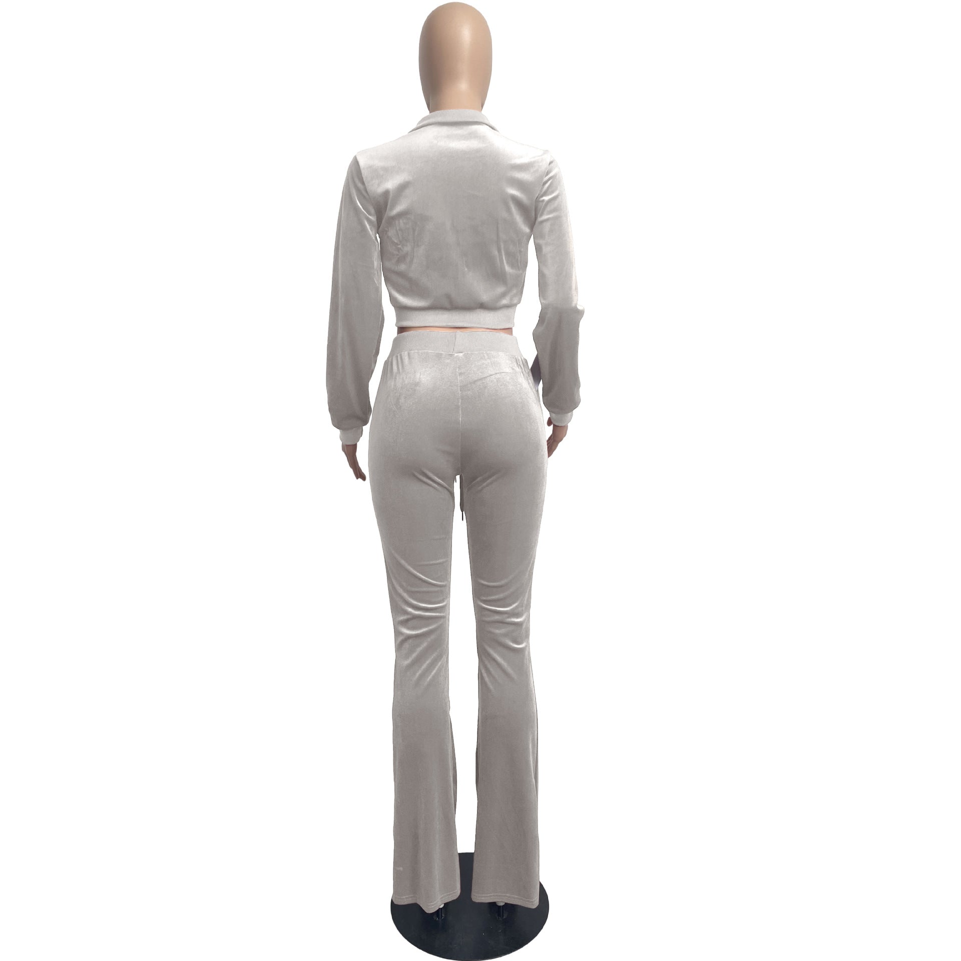 Women's Solid Color Velvet Long Sleeve Sexy Zipper Crop Top Pants Casual Sports Two Piece Set 52