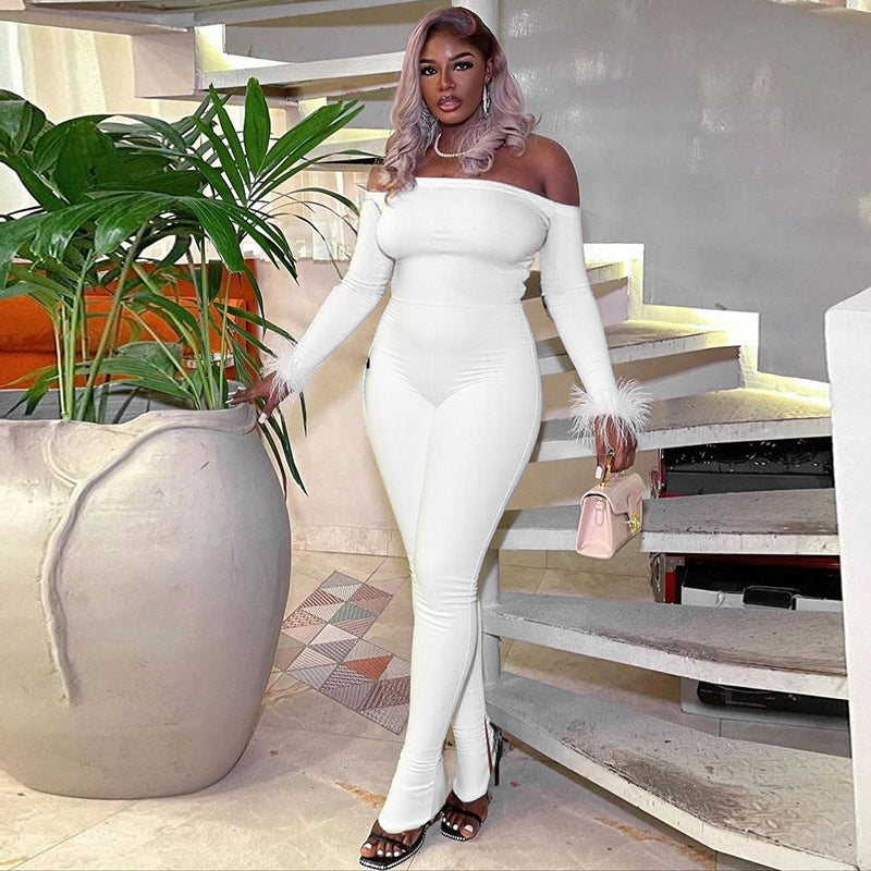 Women's Autumn Winter Solid Color Off-Shoulder Furry Long Sleeve Slit Leg Sim Tight Jumpsuit 7