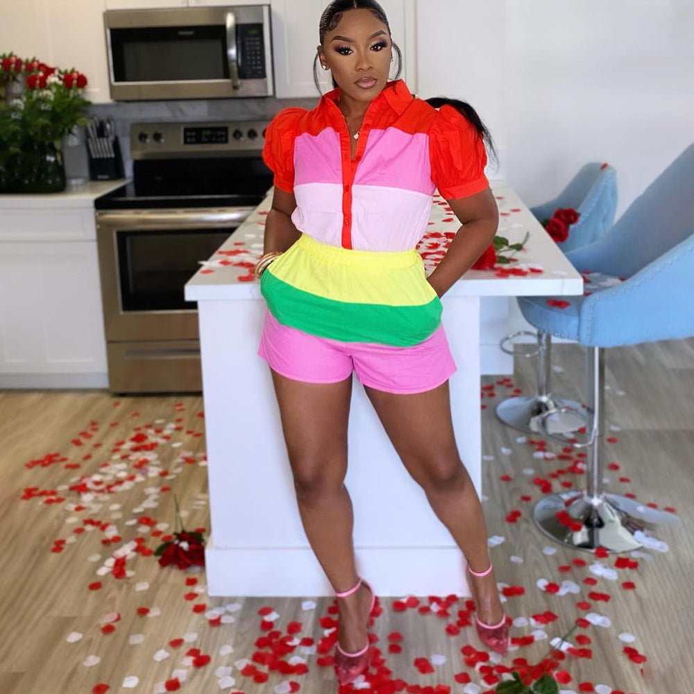 Fashion  Casual Color Multi-Color Patchwork Lantern Sleeve Shirt Shorts Two-Piece Women's Set 8