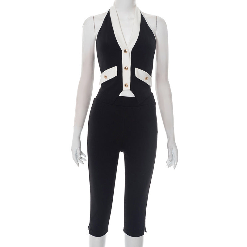 Summer Halter Neck Contrast Gold Button Low-Back Two-Piece Shorts Set 6