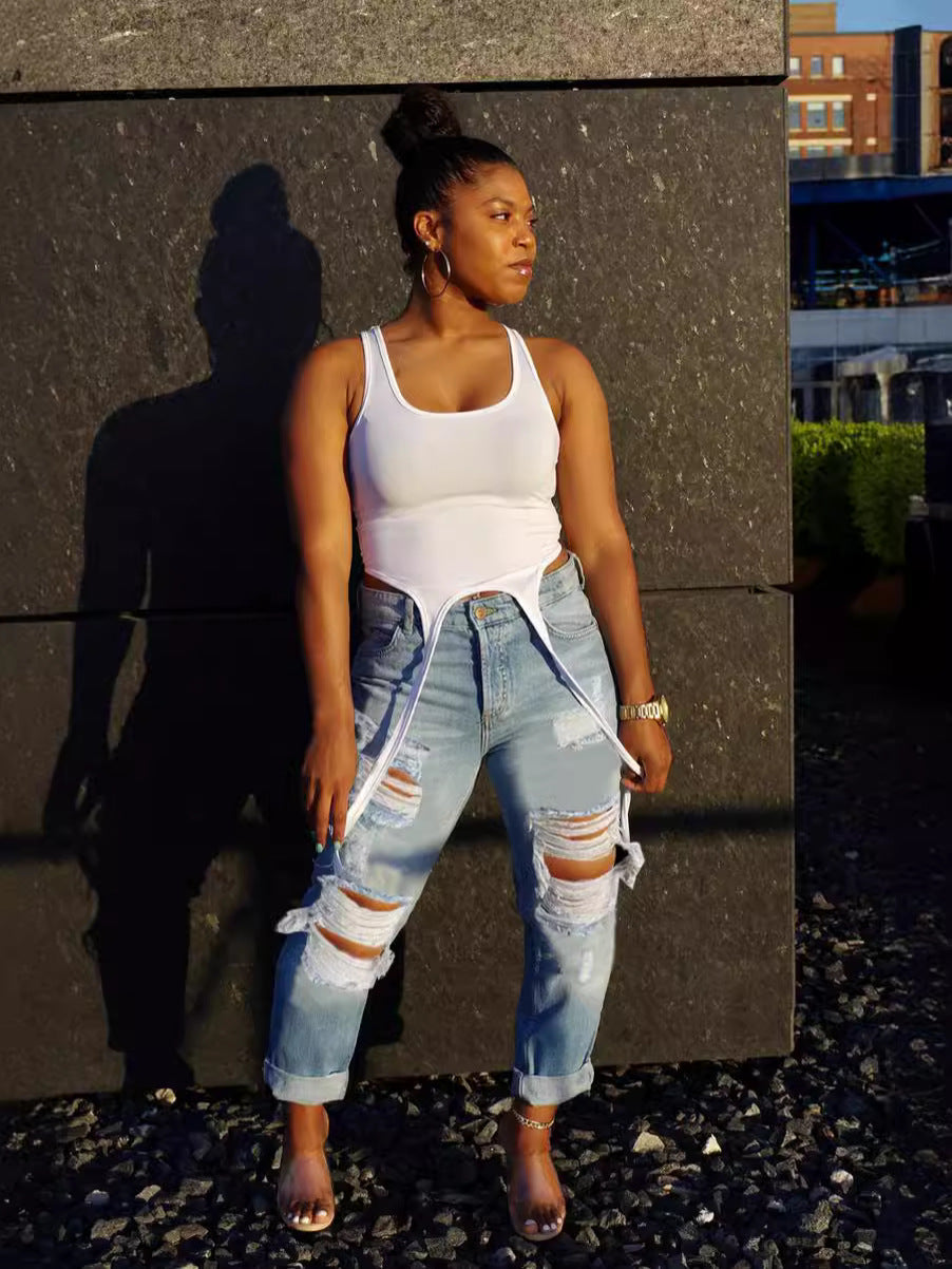 Women's Street Fashion High Waist Slim Fit Ripped Denim Pants 3