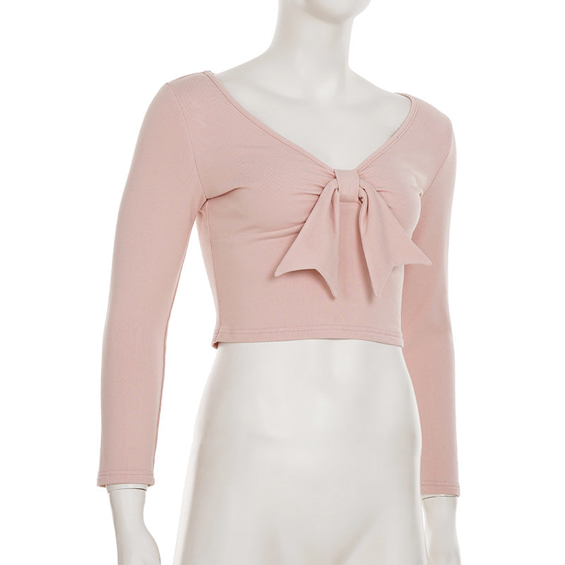 Women Casual Solid Bow Patchwork V-Neck Top and Bell Bottom Pants Two-Piece Set 10