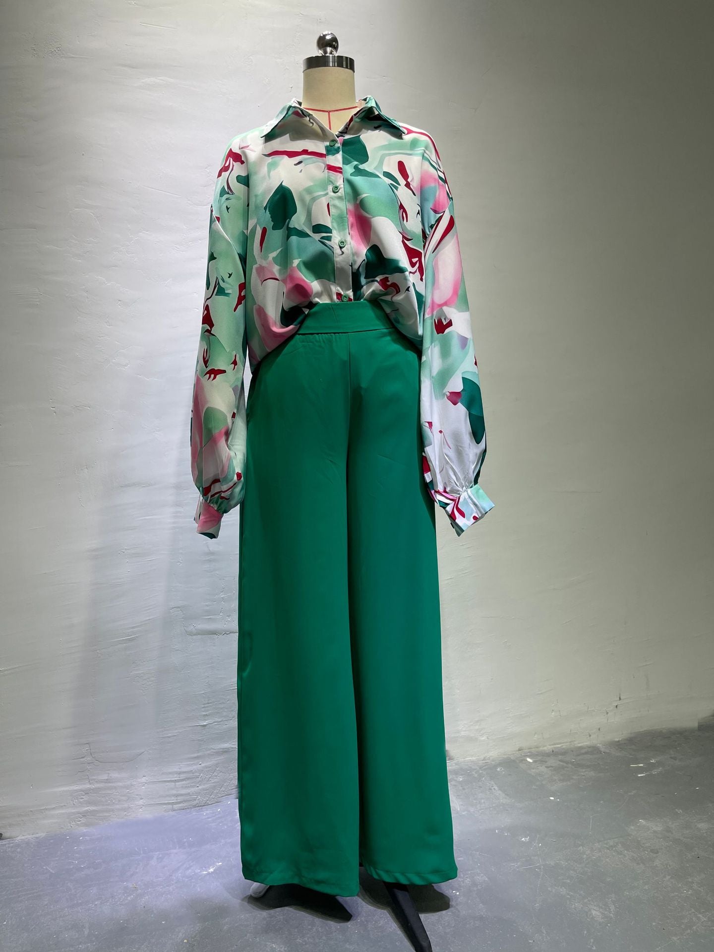 Plus Size Women Print Casual Loose Turndown Collar Shirt + High Waist Wide Leg Pants Two Piece Set 15