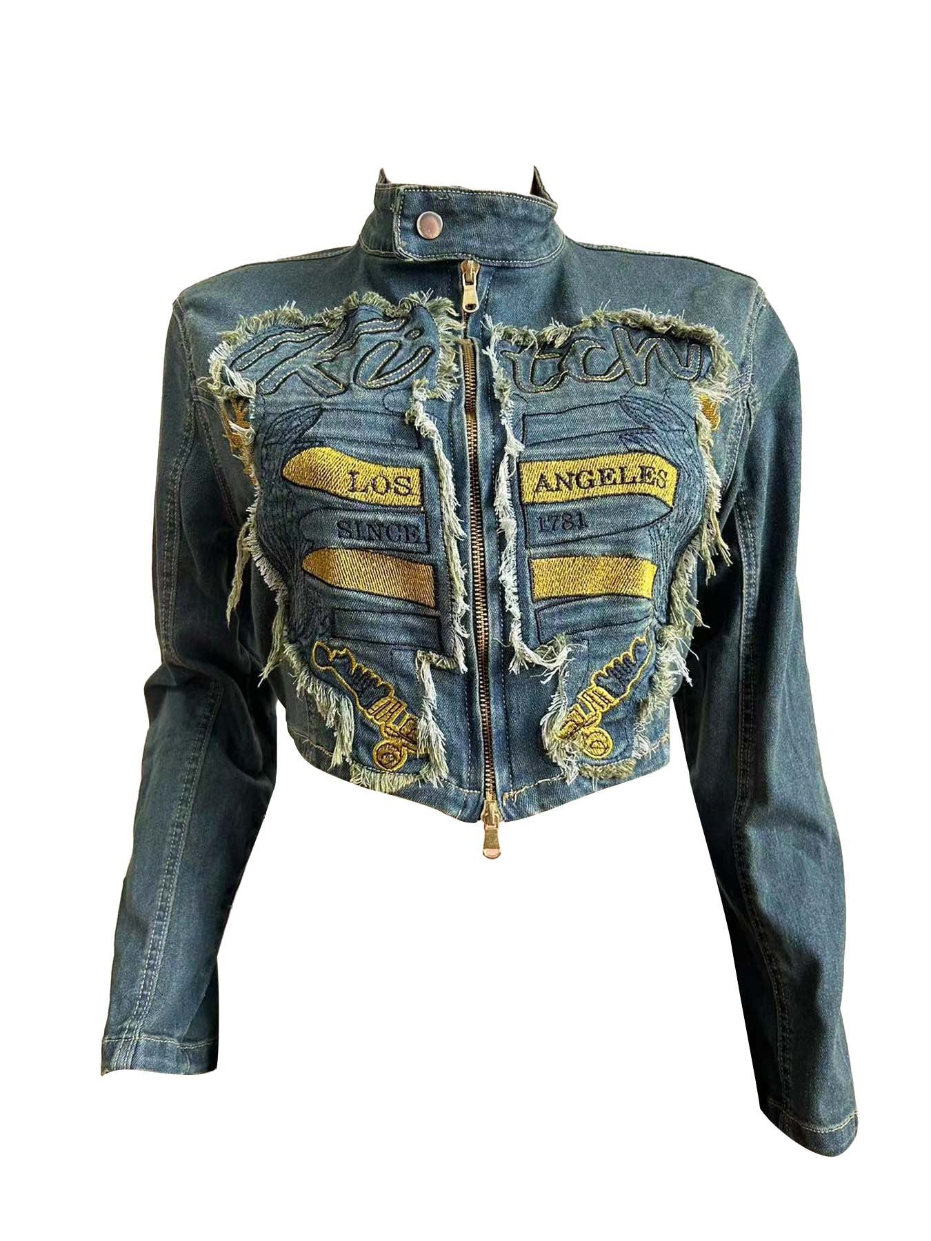 Women 's Embroidered Denim Top Pleated Skirt Two Piece Set 9