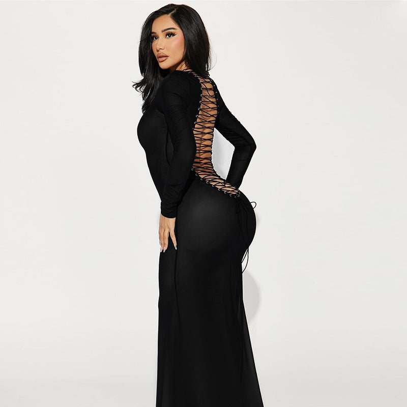 Front And Back Lace-Up Women's Autumn Sexy Long Dress 3