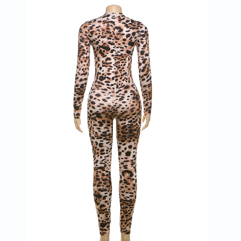 Women Sexy Contrast Leopard Round Neck Long Sleeve Jumpsuit 10