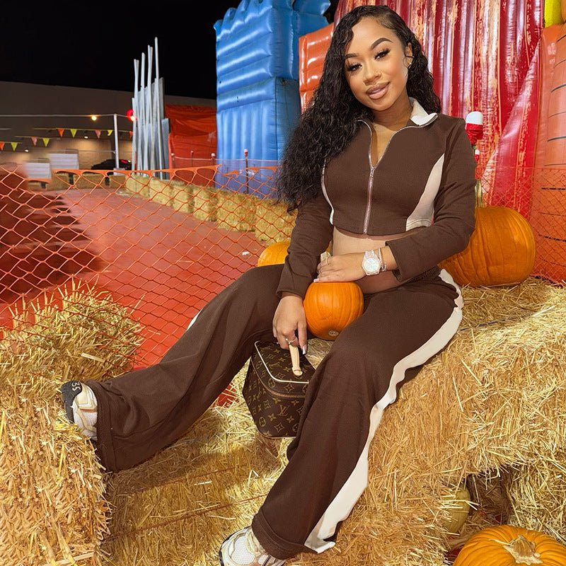 Women Fall/Winter Contrast Zipper Long Sleeve Top and Pants Casual Two-Piece Set