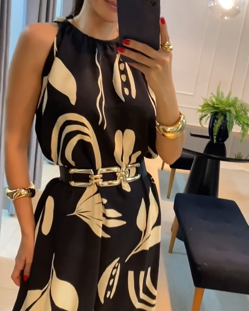 Women Sleeveless Leaf Black and White Print Maxi Dress--No Belt 4