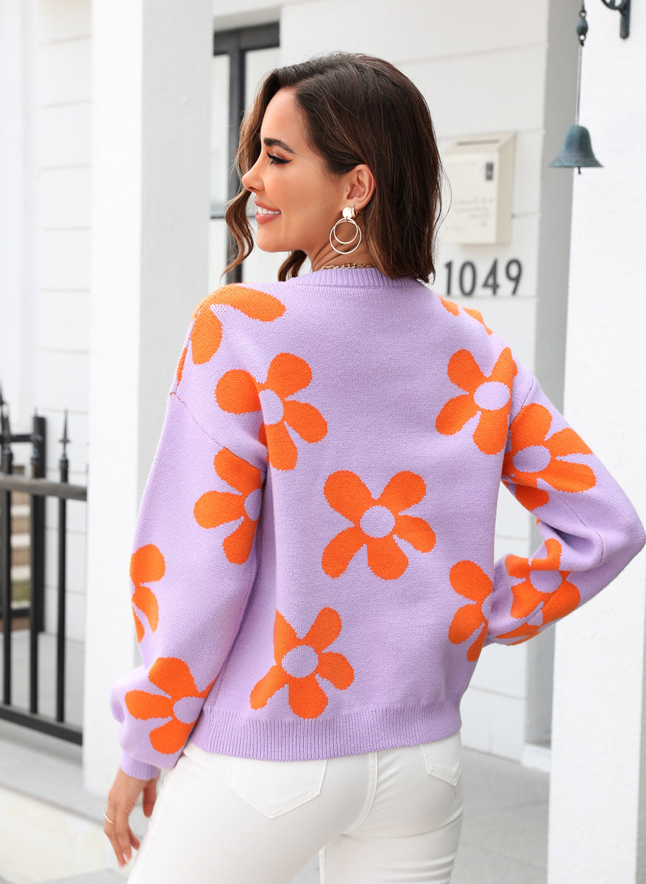 Autumn and winter women's printed sweater pullover flower plus size sweater 58