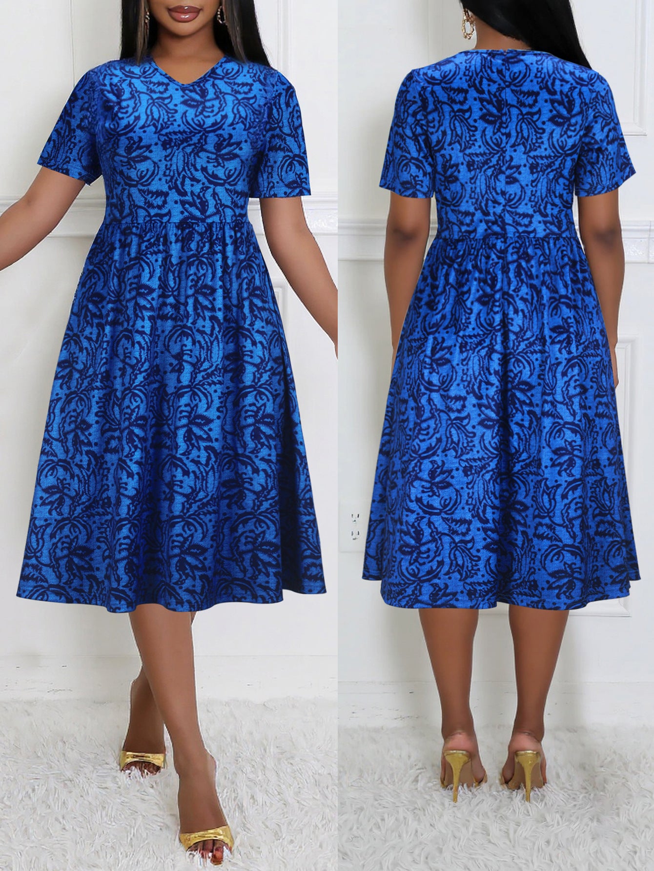 Plus Size Women Elegant V-neck Short Sleeve Maxi Dress