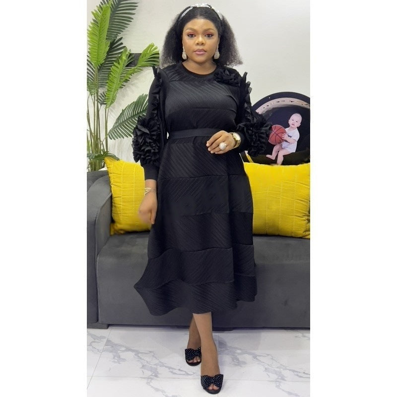 African Plus-Size Elegant Flower Pleated Long Dress 11