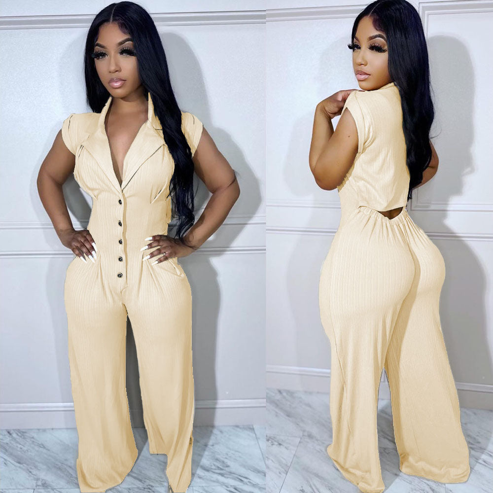 Button Elastic Short Sleeve Stand Collar Wide Leg Jumpsuit 3