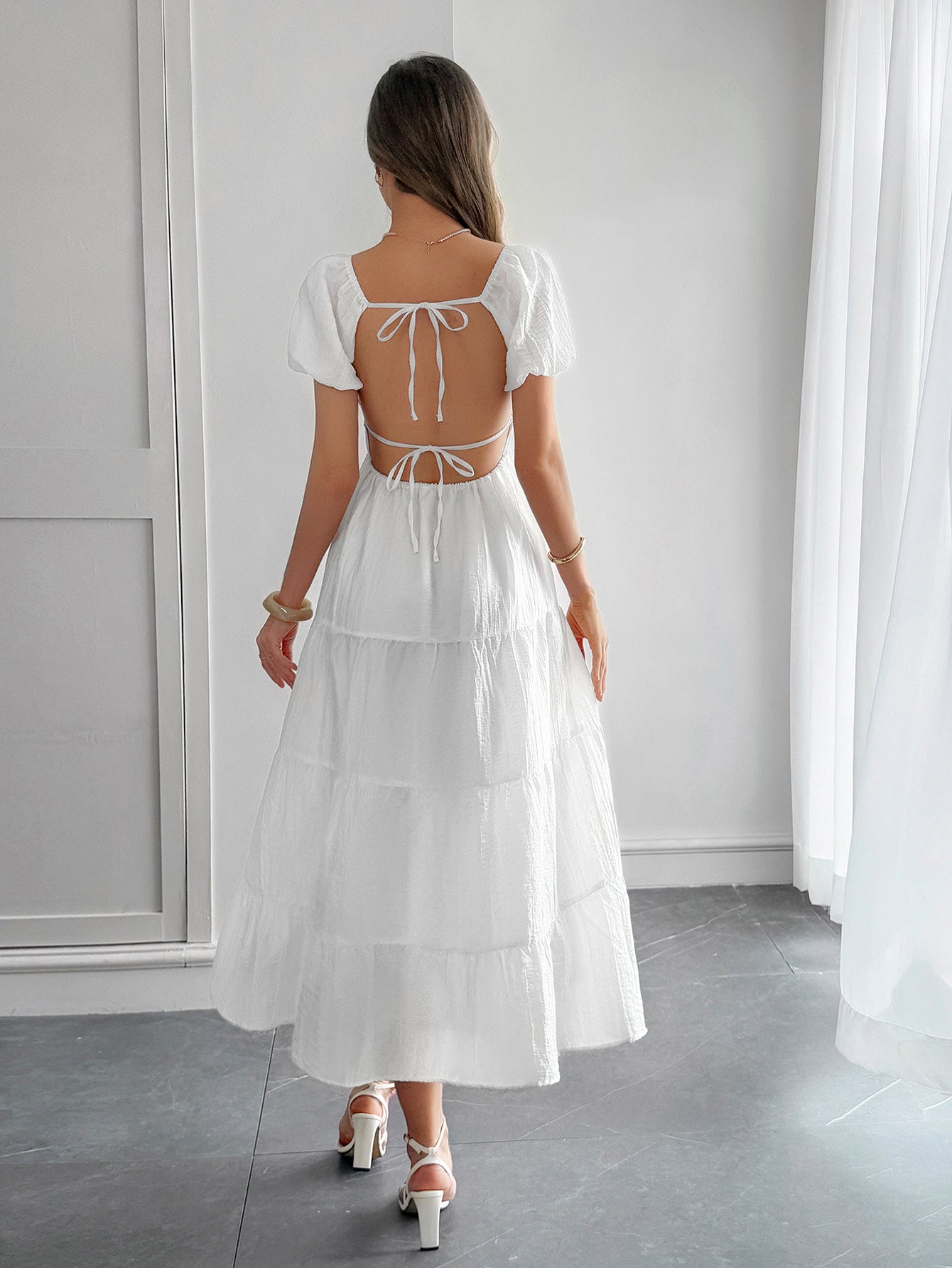 Spring-Summer Elegant Holiday Solid Short-Sleeve Maxi Dress for Women 8