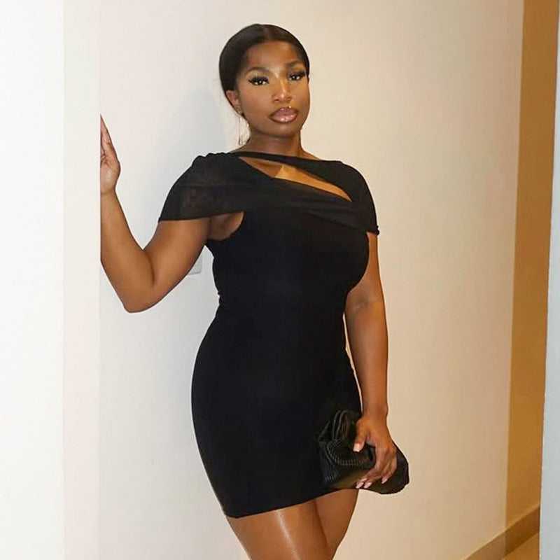 Women's spring and summer Off Shoulder irregular hollow Patchwork Bodycon Dress