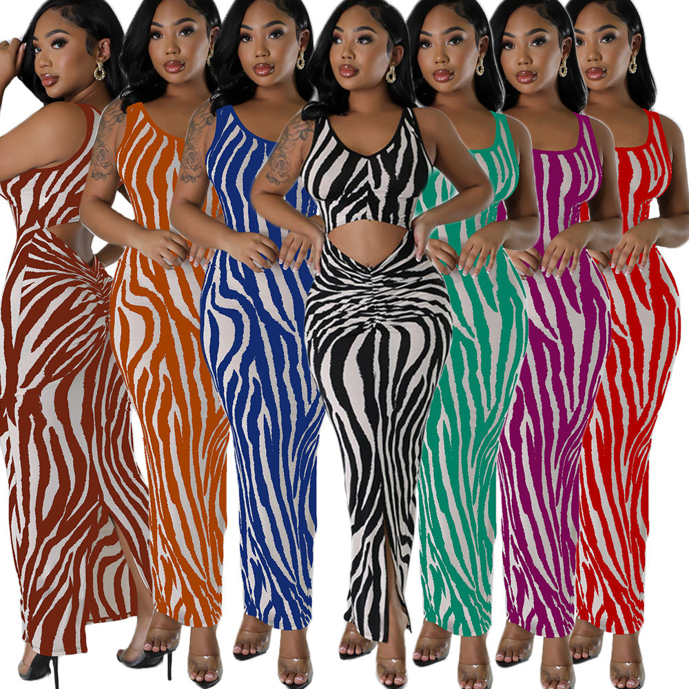 Summer Women's Zebra Print Sleeveless Hollow Long Dress 9