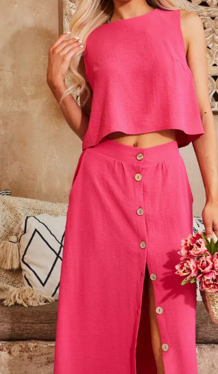 Women Casual Solid Round Neck Top and Skirt Two Piece Set 42