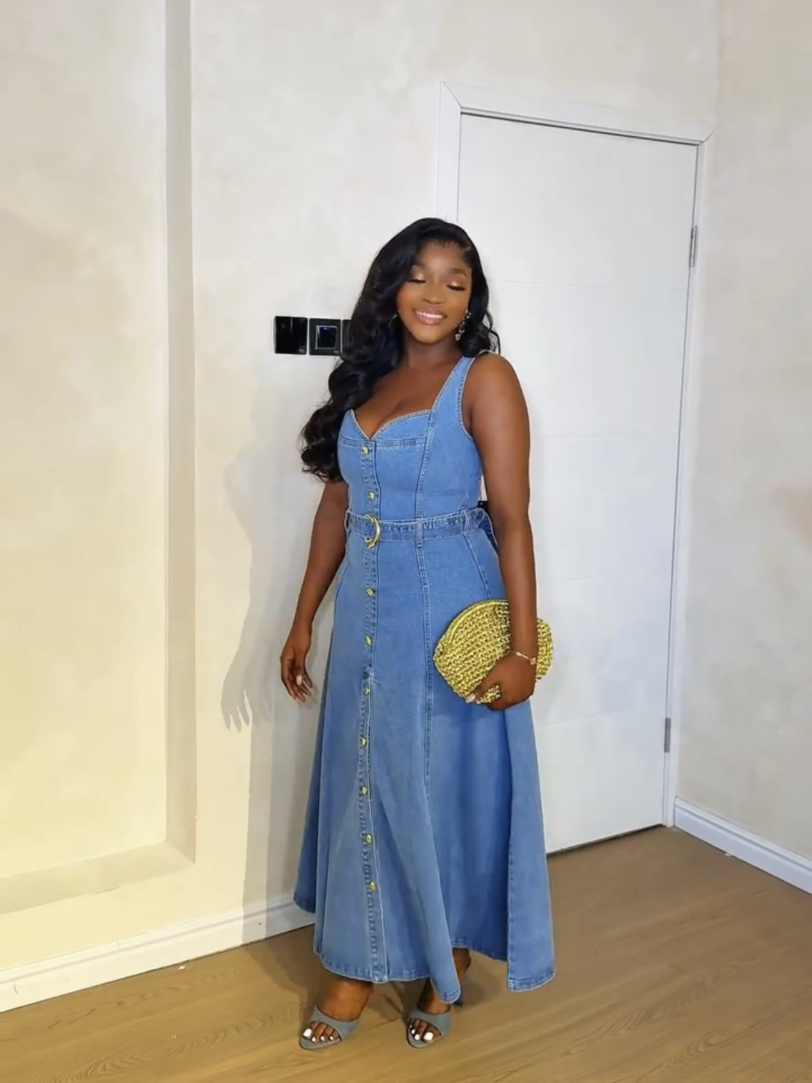 Women's Strap Casual Belted Button-Detailed Denim Maxi Dress 4