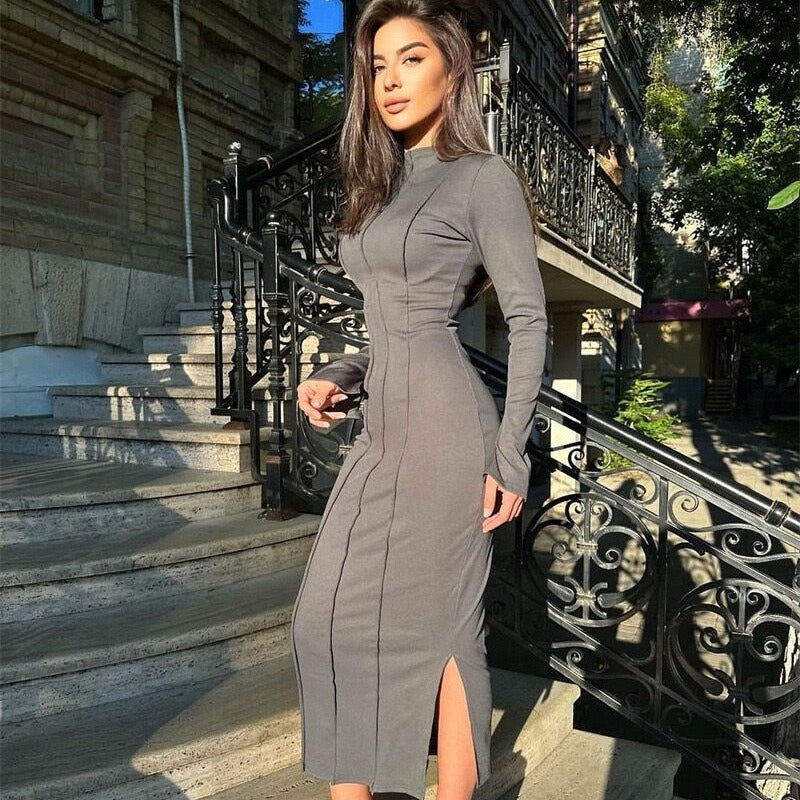 Autumn Women Half Turtle Neck Ribbed Long Sleeve Slim Fit Slim Waist Long Dress 11