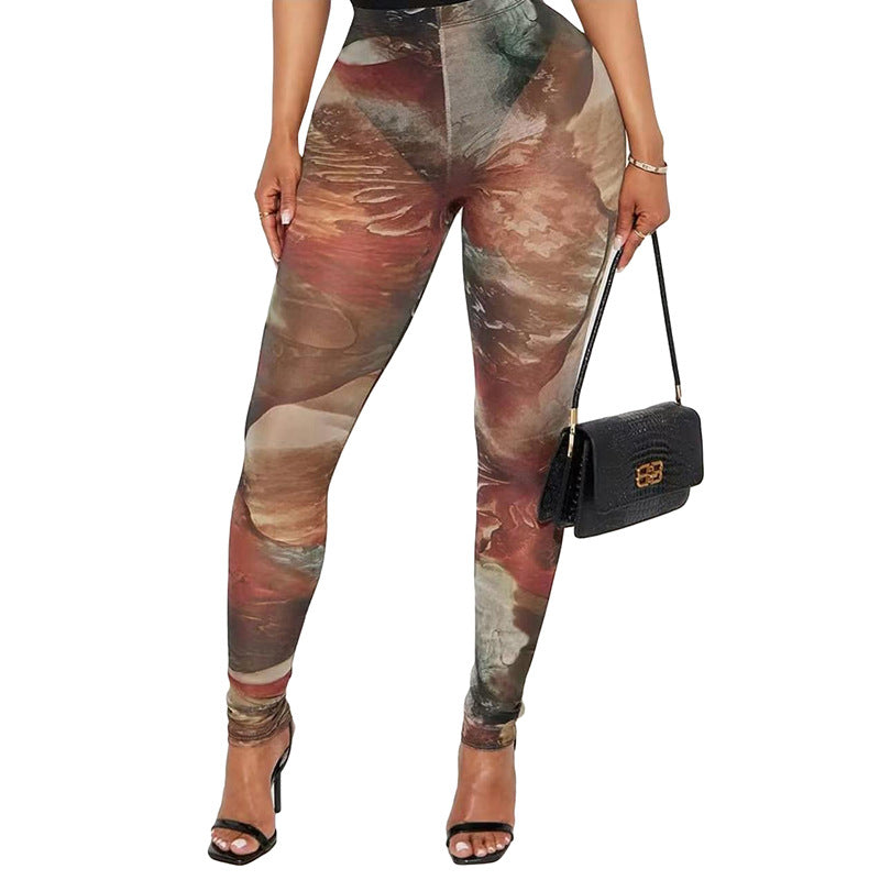 Women Spring and Summer Mesh Print See-Through Tight Pants 15