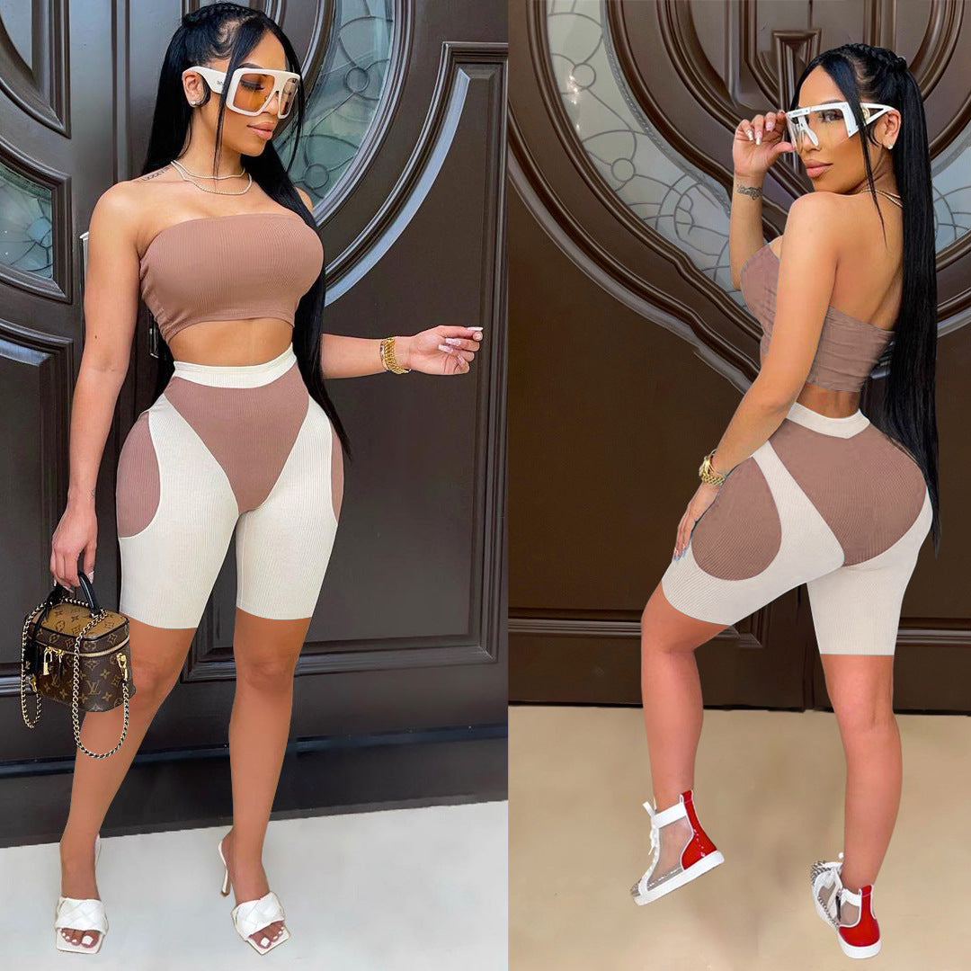 Women's summer fashionable color matching tight fitting strapless two-piece shorts set