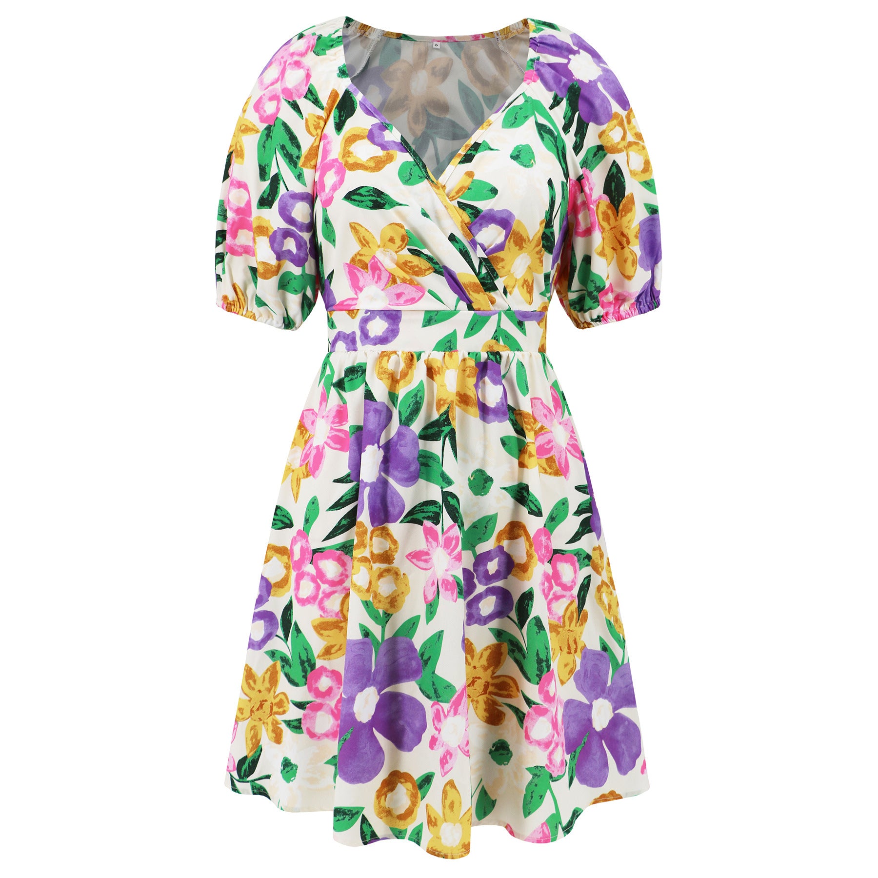 Women's Summer Printed V-Neck Lantern Sleeve Short Dress 13